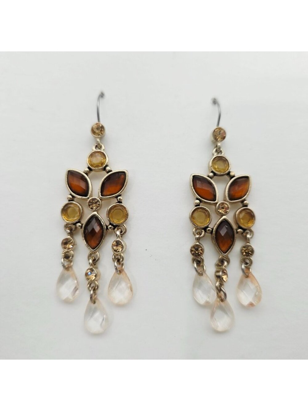 Gold Tone Earrings Faceted Citrine Color Crystals and Briolette Chandelier